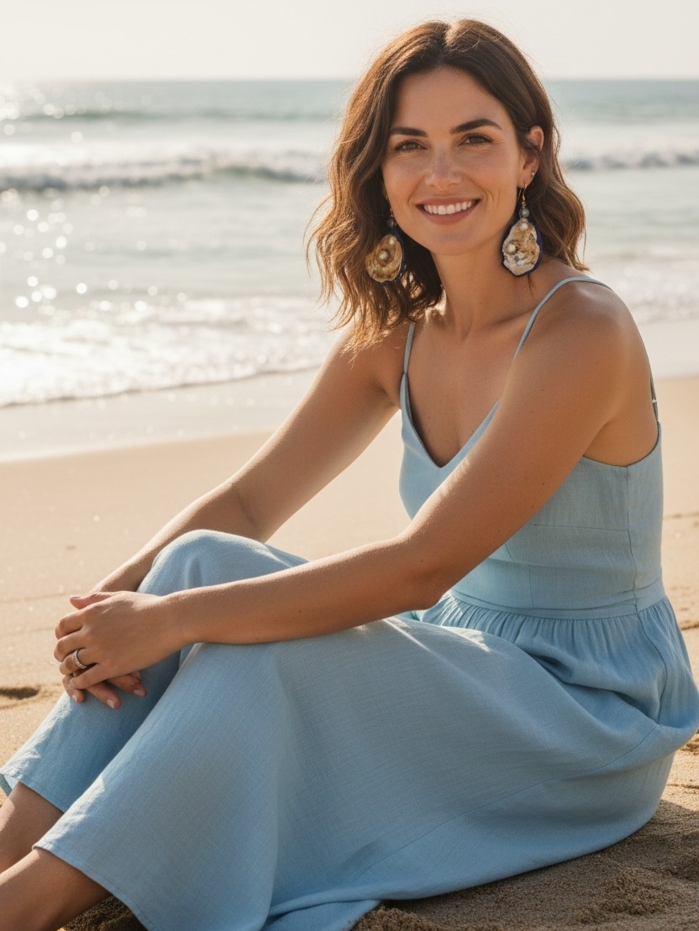 Statement Gold and Cream Oyster Shell Shell Drop Earrings -